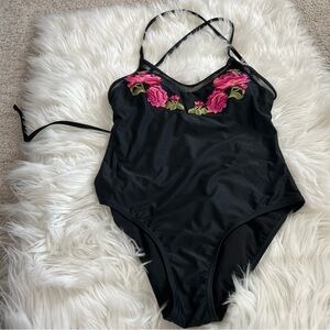 Xhilaration Black One-Piece Swimwear with Pink Logo Tag